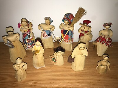 #ad VINTAGE LOT OF 11 NICELY DETAILED AND STURDY CORN HUSK FIGURES DOLLS $28.45