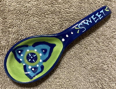#ad Hand Painted Folk Art Spoon Blue amp; Green Floral “Sweetquot; $19.97