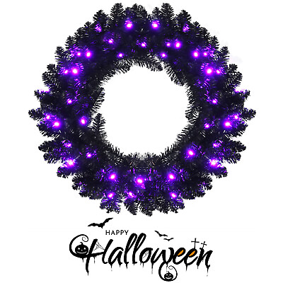 #ad Costway 24quot; Pre lit Christmas Halloween Wreath Black w 35 Purple LED Lights $32.99
