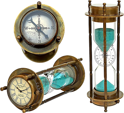 Collection Marine Antique Brass Compass Hourglass Nautical Maritime Sand Timer amp; $41.10