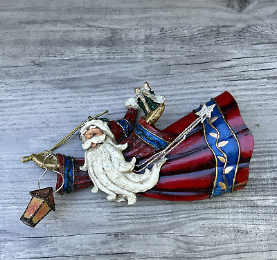 #ad Flying Santa Carrying Lantern Ornament Tin And Resin 7” Christmas Holiday $9.00