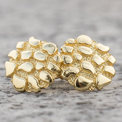 #ad Mens Yellow Gold Plated 925 Sterling Silver Small Round Nugget Stud Earrings $21.99