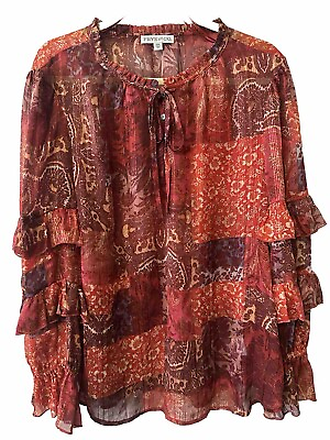 #ad Frye and Co. Women#x27;s Blouse Size XXL Patchwork Print Long Ruffled Sleeves Rust $15.00