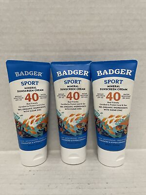 #ad 3 PACK BADGER Sport Mineral Sunscreen SPF 40 Cream 2.9 fl oz 3 Tubes Sealed $29.99
