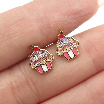 #ad 925 Sterling Silver Gold Plated Enamel Multi Color C Z Cupcake Stud Earrings $22.95