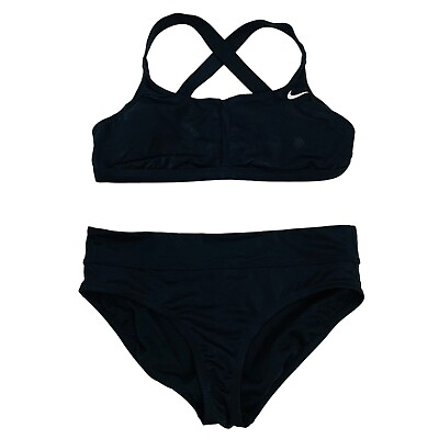 Nike Bikini 2 Piece Swimsuit Black Racer Back Top Sz L Bottom Sz M Swimwear READ $34.47