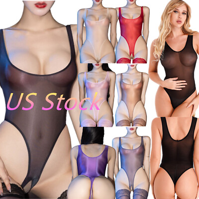 #ad #ad US Womens Bodysuit Glossy Sleeveless High Cut Thong Crotch less Leotard Lingerie $8.36