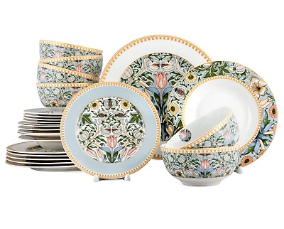 #ad 24pc Bone China Dinner Service Set Porcelain Dinnerware MORRIS GARDEN Turquoise $97.30