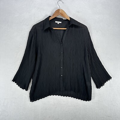 Vintage Nicola Blouse Womens Large Black Crinkle Button Up Shirt Sheer 90s $18.00