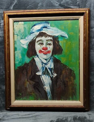 #ad Vintage Colorful Clown Painting On Canvas Signed Bradbury $119.99