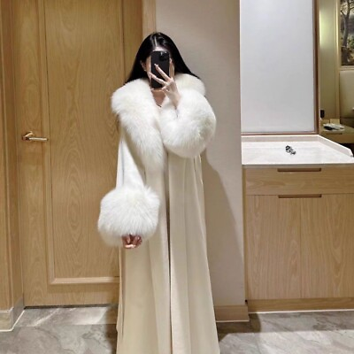 #ad Fashion White Womens Wool Blend Jackets Long Faux Fur Decor Overcoats Outwear Sz $96.09