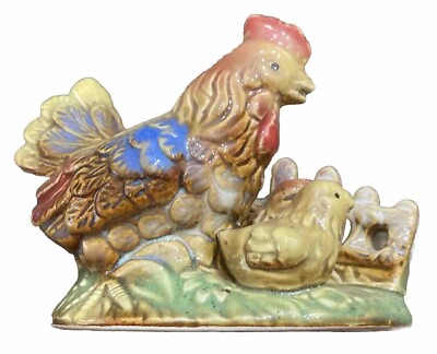 #ad Vintage Colorful Rooster And Chicks Ceramic Figurine $12.99