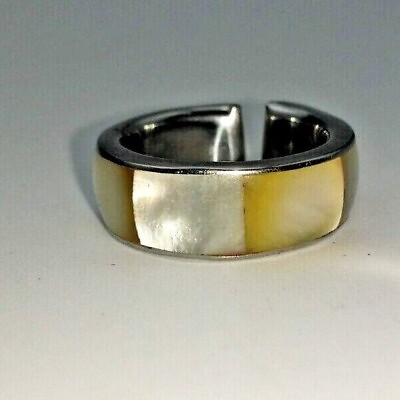 #ad Ring Inlay Beige Stone Look White Silver tone Band Size 6 $12.00