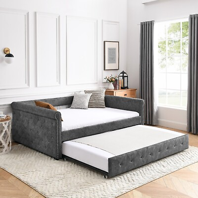 #ad Full Daybed amp; Twin Trundle Upholstered Tufted Sofa Bed Furniture Living Room US $448.86