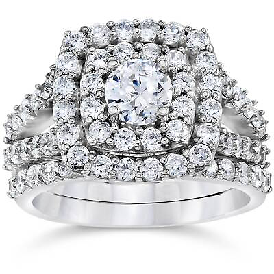#ad 2 Ct Diamond Cushion Halo Engagement Matching Wedding Ring Set White Gold $999.99