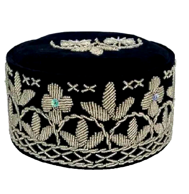 #ad Silver Beaded Traditional Igbo Nigerian Kufi Velvet Chieftain Black Hat $75.00