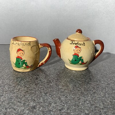 #ad Vintage Manor Ware Ireland Elves Miniature Teapot amp; Cup Cheers Mug 2.5quot;h $10.50