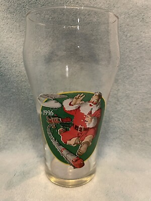 #ad Coca Cola Holiday Glass Vintage Santa 1996 Santa Train Toys Glass $7.99