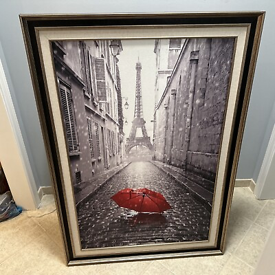 Red Umbrella In Center Of Street In Paris Rain. Eiffel Tower $100.00