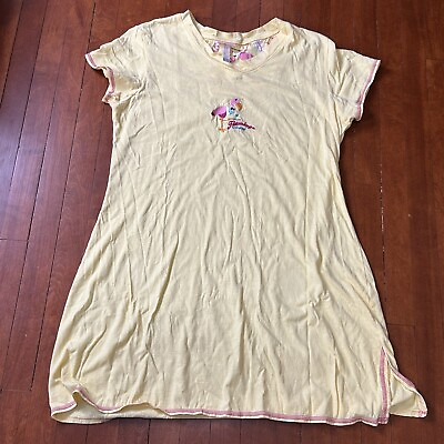 #ad Steve Womens Large Yellow Short Sleeve Sleep Shirt Flamingo Embroidered Cotton $9.90