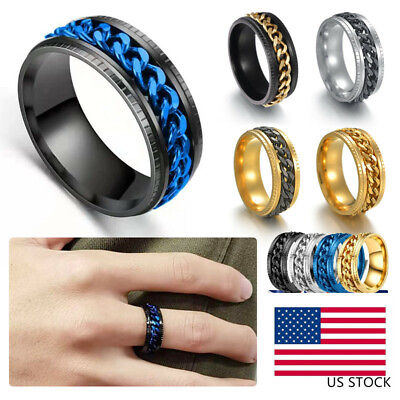 #ad 10 Colors Stainless Steel 8mm Man Woman Spin Grooved Curb Chain Band Ring $7.95