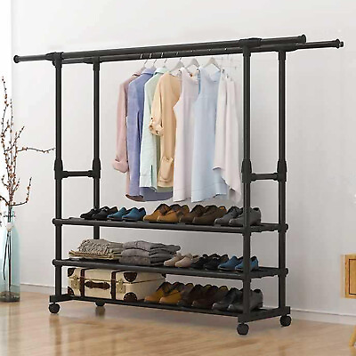 #ad Heavy Duty Clothing Garment Rack Rolling Clothes Organizer Double Rails Hanging $38.89