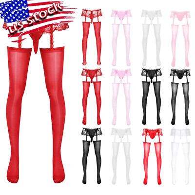#ad US Mens Lace Top Silk Stockings Skirt Thongs Thigh High Sheer Lingerie Stockings $10.11