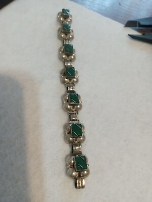 #ad Vtg Bracelet MARKED MEXICO STERLING Tennis Chain Beautiful Green Onyx $29.99