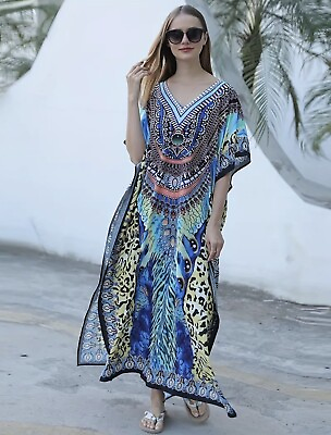 #ad New BOHO Kaftan Caftan Maxi Dress Coverup O S Kimono Wrap Robe $46.55