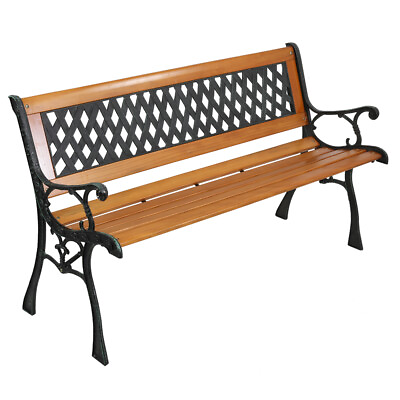 #ad 49quot; Garden Bench Patio Porch Chair Deck Hardwood Cast Iron Seat Weave Style Back $95.59