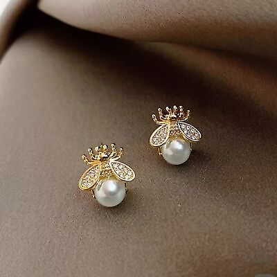 #ad Gold Toned Bee Stud Earrings with Faux Pearls and Cubic Zirconia $10.00