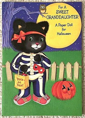 #ad Unused Halloween Cat Black Skeleton Ghost JOL Paper Doll Vintage Greeting Card $4.70