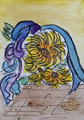 #ad ACEO Original Naive Modern Art Watercolor Painting Thrown Bouquet Floral $6.99