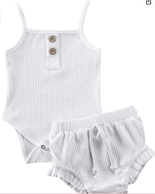 #ad Infant Baby Girls 2 piece Summer Ribbed Tank Romper Ruffle Drawstring Outfit 6M $11.04