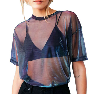 #ad Women Girls Mesh Sheer Crop Top Short Sleeve Transparent T Shirt Blouse Tee Tops $11.14