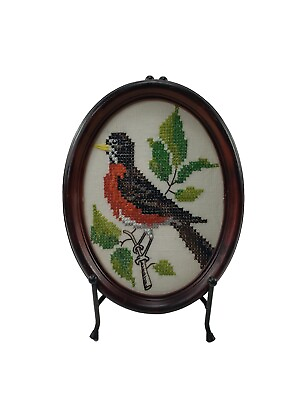 Vintage Oval Embroidered Needlepoint Cross Stitched Red Bird Wall Art w Glass $19.96