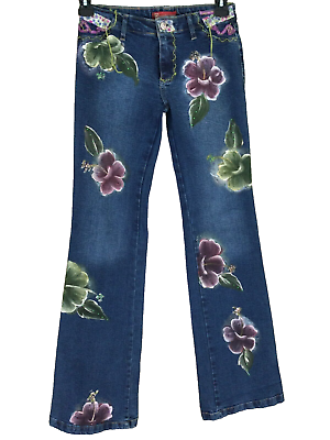 #ad Vtg 90s Y2K Mamao Verde Floral Embroidered Flare Jeans Size 7 8 Painted Low Rise $99.00