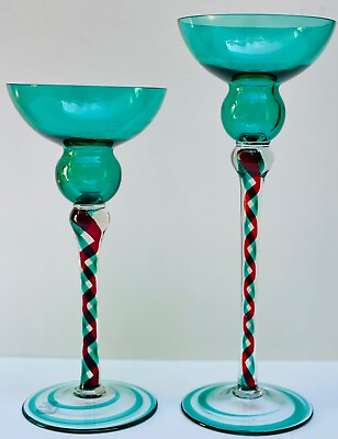 #ad 2 Tall Green Red Clear Handblown Polish Crystal Art Glass Candle Stick Holders $89.00