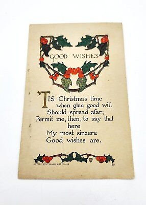 1915 Christmas Holly Postal Card P.F. Volland amp; Co Monrovia CA Woodbine KS $11.99