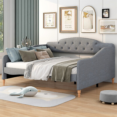 #ad Full Size Daybed Bed Frame Sofa Bed Wooden Slat Support Bedroom Furniture Gray $374.99