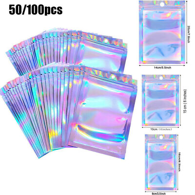 #ad 50 100pcs One Side Clear Holographic Laser Aluminum Foil Zip Lock Bags Thick US $36.19