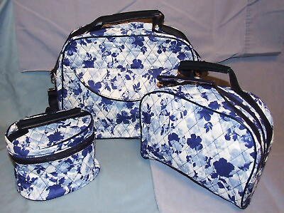 #ad Blue Flloral Travel Toiletry Cosmetic Bags Set Lightweight 3 Pc Set NWOT $15.99