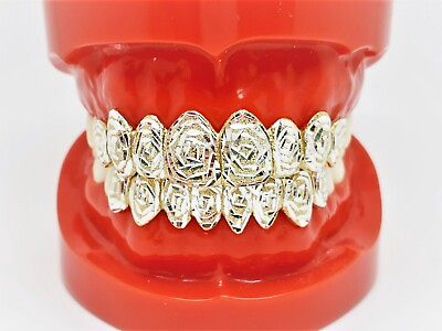 #ad 925 Silver w 18K Yellow Gold Plated Rose Dust Cut Custom Fit Real Grill Grillz $261.00