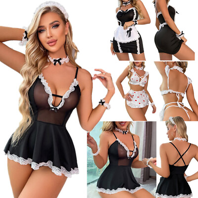 #ad Womens French Maid Costume Cosplay Outfit Nightwear Lace Trim Apron Dress Set $14.43
