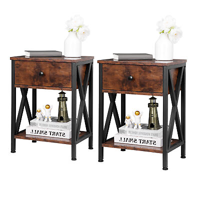 #ad Set of 2 End Tables w Drawers Storage Home Organizer Table Shelf X Design Legs $65.58