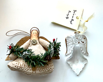 Two Angel Ornaments 1 Glass Figure with Note amp; 1 Folk art Fabric Both 3.5quot; $9.98