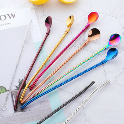 #ad 3pcs coffee spoon twisted drinking straw spoon drinking straw stainless steel $10.99