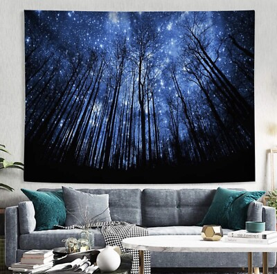 #ad Night Sky Forest Stars Wall Tapestry Wall Art Wall Hanging Blanket Nature Trees $11.99