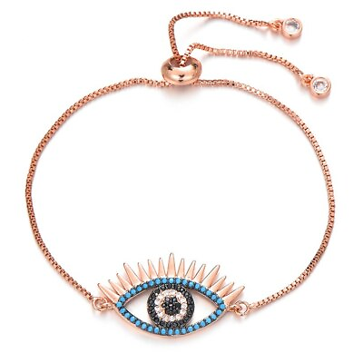 #ad Large Evil Eye Rose Gold amp; Blue Pave Cubic Zirconia Thin Fashion Bracelet $28.50