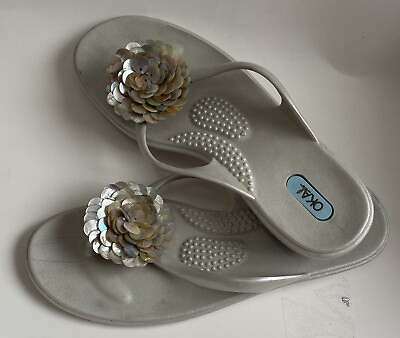 #ad oka b womens lucy flip flops mother pearl flower eco friendly beach 9m $18.00